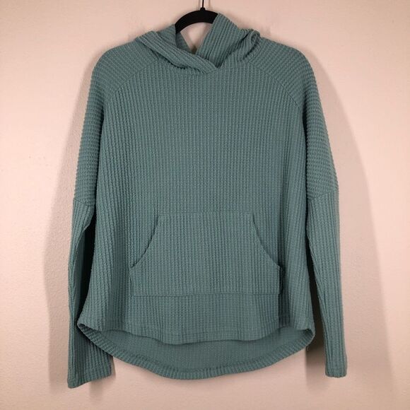 Roxy Aqua Teal Waffle Knit Hoodie Sweatshirt Oversized Hood Size Large - Picture 1 of 9